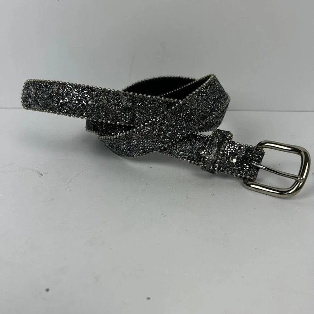 Black Silver Mesh Glitter Coquette Belt with Silver Rhinestones Sz ML - Picture 2 of 6